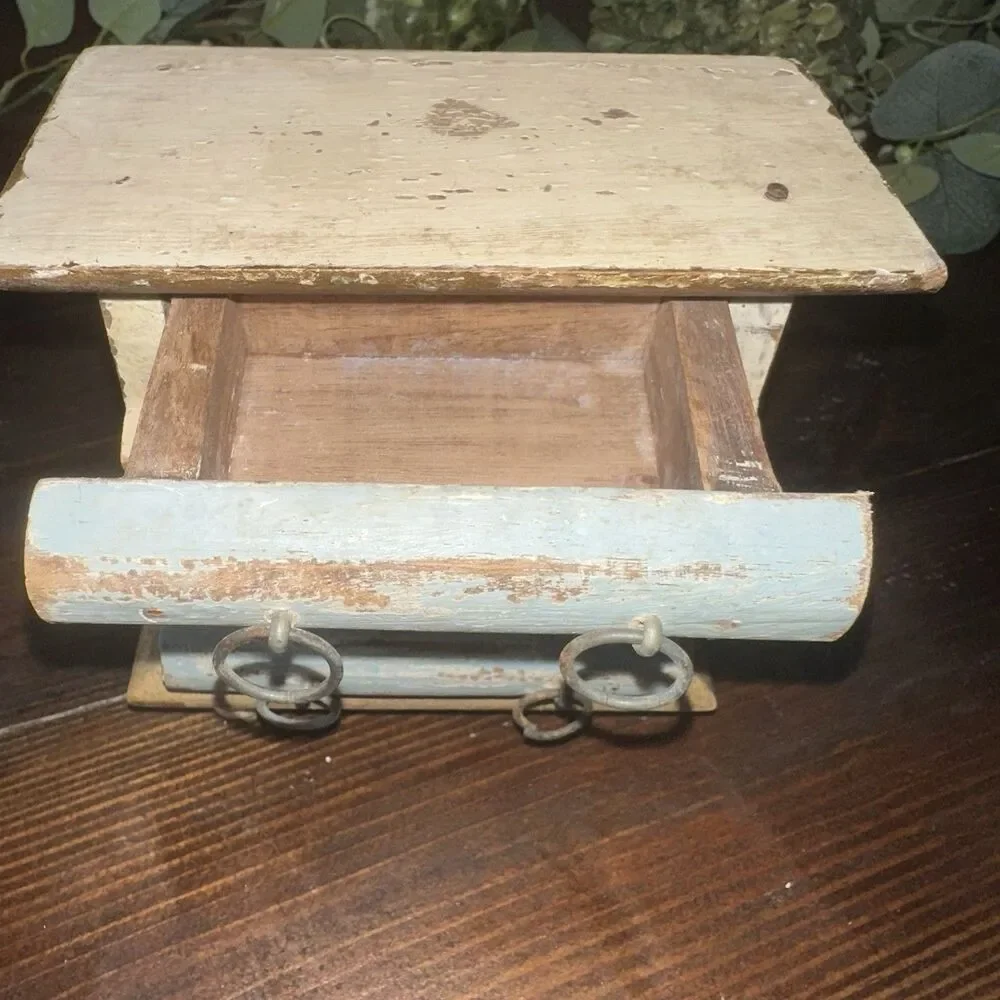 Small Rustic Weathered Shabby Chic Wooden Jewelry Spice Box 3 Drawers Beige Blue